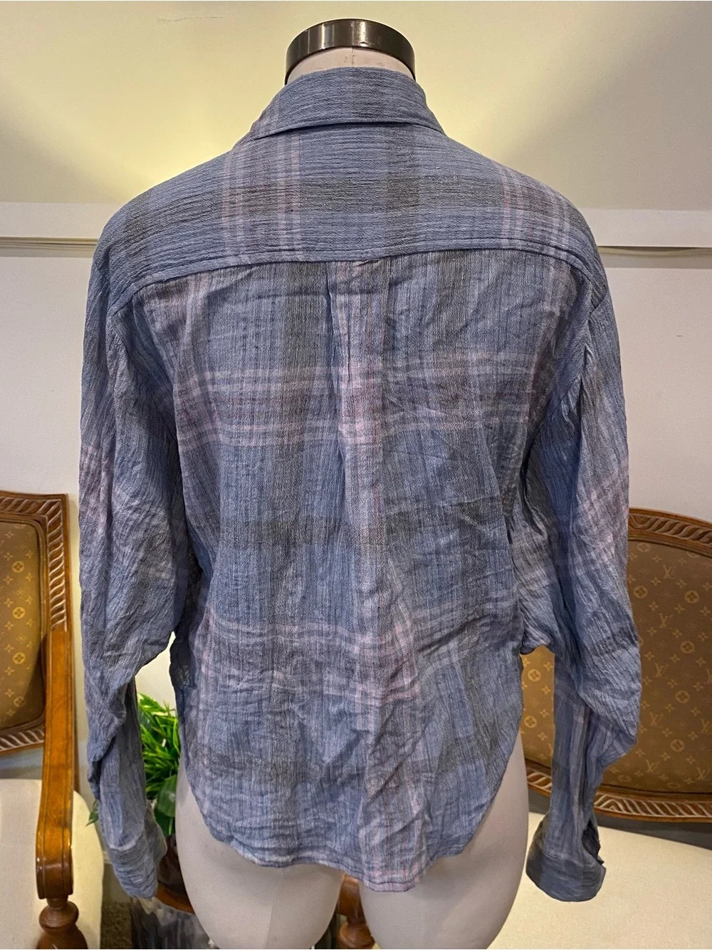 Free People Dusty Blue and Pale Pink Plaid Cotton Button-Down Shirt Size Small